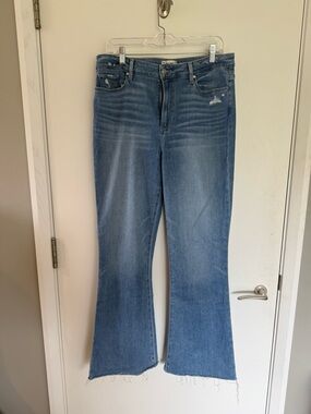 PAIGE Medium Blue Hogh Rise Laurel Canyon Jeans with Raw Hem